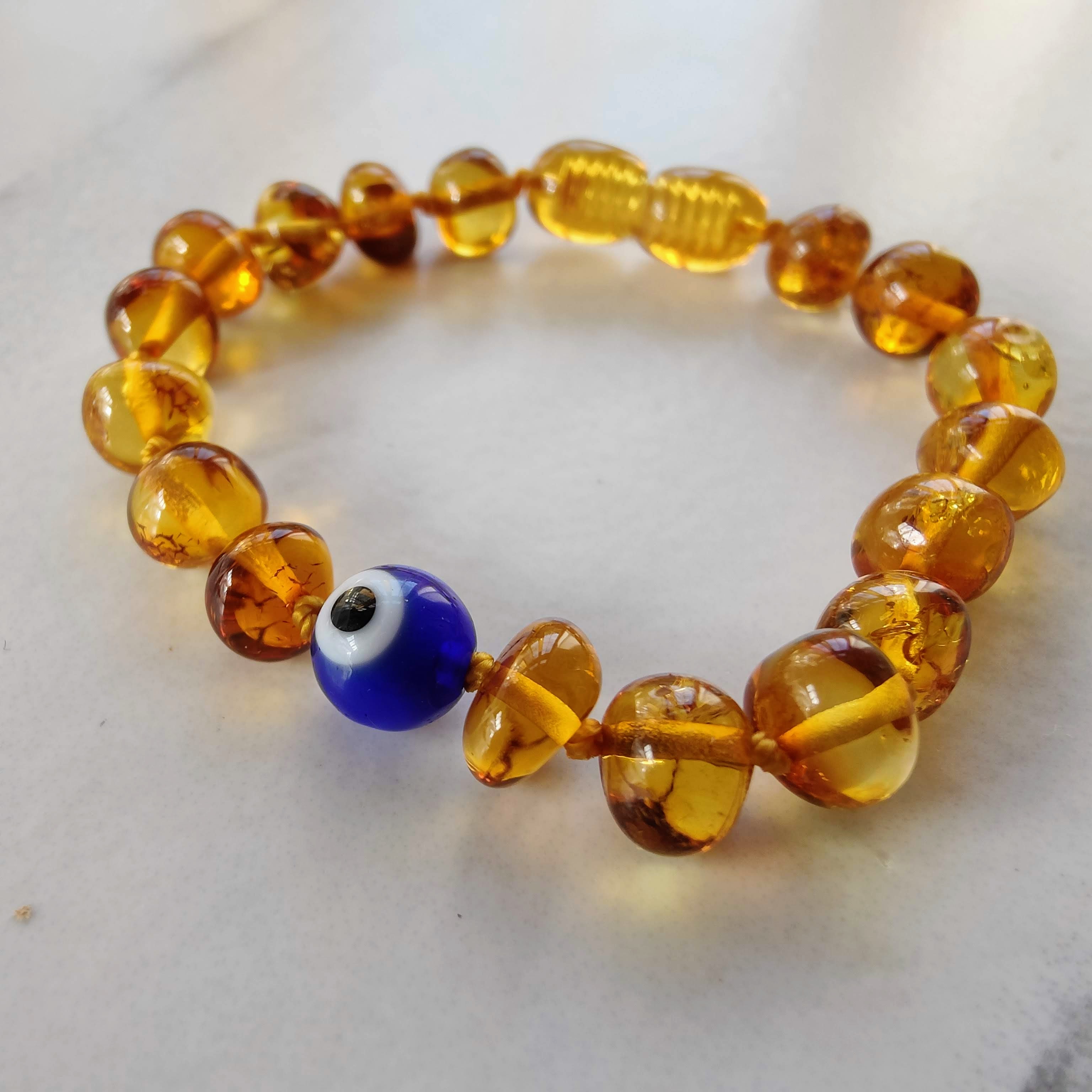 Amber and Evil Eye Child Clasp Amber Anklet - Main Image